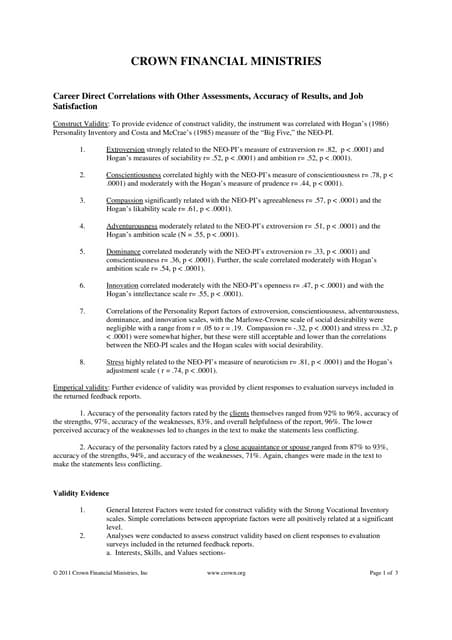Career direct correlations with other assessments accuracy job satisfaction