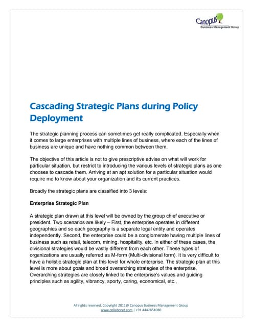 Cascading strategic plans during policy deployment
