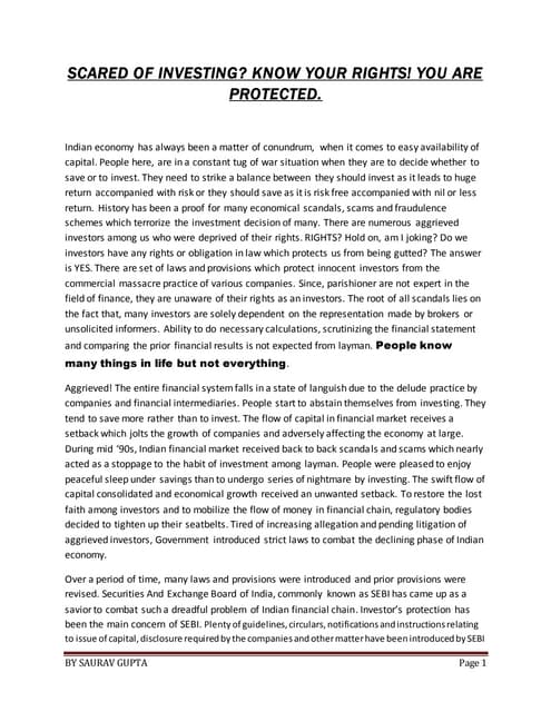 SCARED OF INVESTING KNOW YOUR RIGHTS! YOU ARE PROTECTED BY SAURAV GUPTA