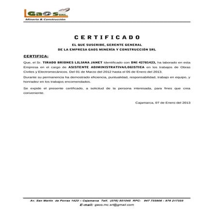 Certificado de trabajo