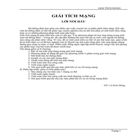 CHƯƠNG 1  ĐẠI SỐ MA TRẬN ỨNG DỤNG TRONG GIẢI  TÍCH MẠNG