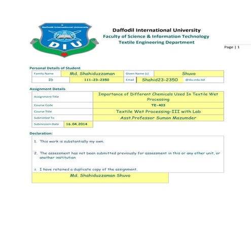 Chemicals used in textile wet processing & their function assignment work