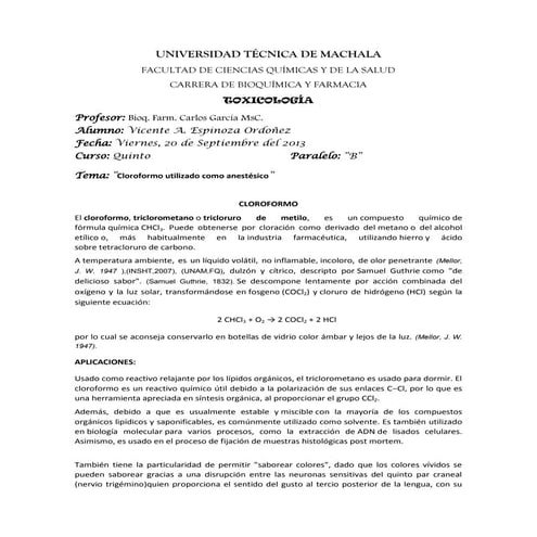 Cloroformo utilizado como anestesico