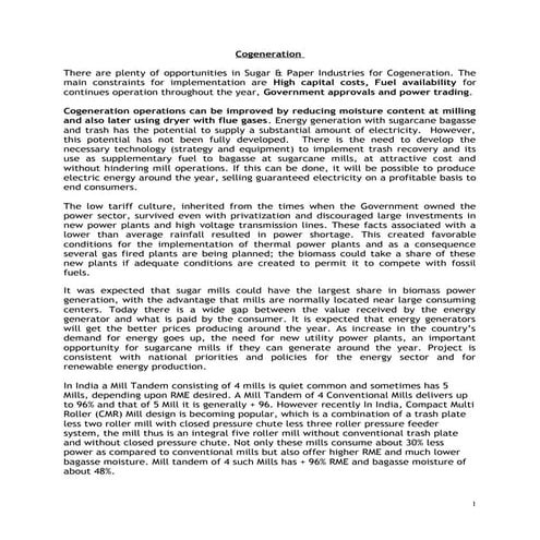 Cogeneration in Sugar mills