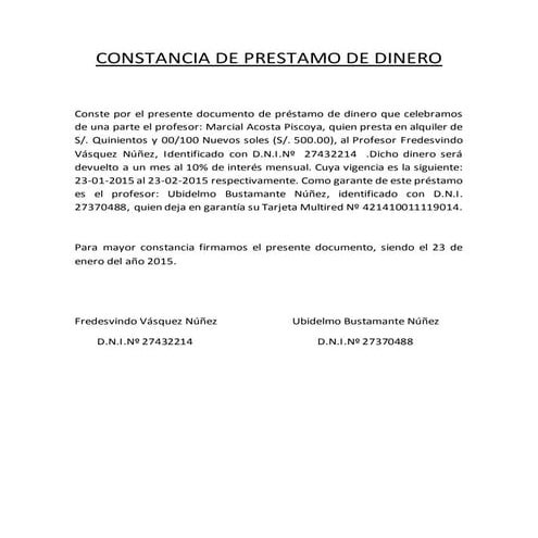 Constancia de prestamo de dinero