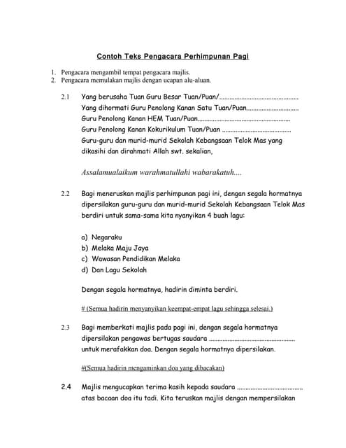 Contoh teks pengacara perhimpunan pagi