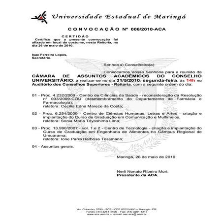 Convocação camara de assuntos academicos uem