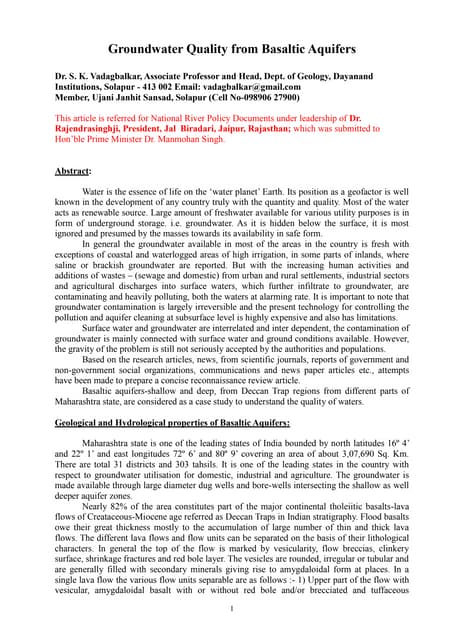  Groundwater Quality from Basaltic Aquifers, Dr. S. K. Vadagbalkar, Associat...
