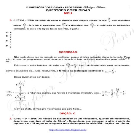 Questões Corrigidas, em Word: Movimento Circular Uniforme (MCU) - Conteúdo vi...