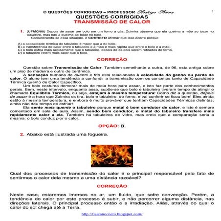 Questões Corrigidas, em Word:  Transmissão de Calor  - Conteúdo vinculado ao ...