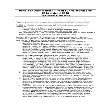 Compte Rendu d´Activités ParisTech Alumni Brésil 2014 et 1T2015 