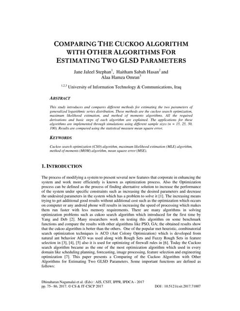 COMPARING THE CUCKOO ALGORITHM WITH OTHER ALGORITHMS FOR ESTIMATING TWO GLSD ...