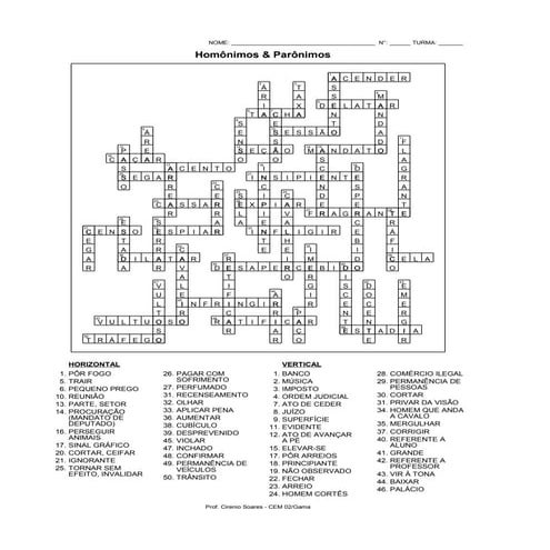 Palavras Cruzadas sobre homonimos1 respostas
