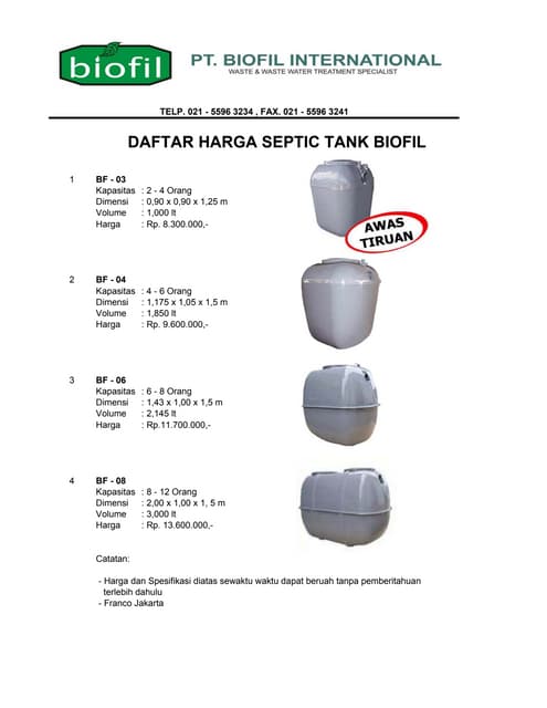 Daftar harga biofil septic tank