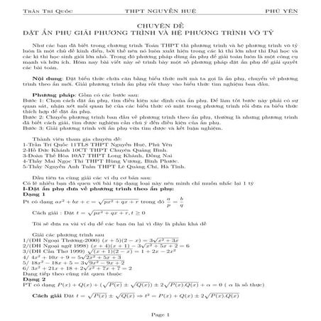 Đặt ẩn phụ giải phương trình chứa căn