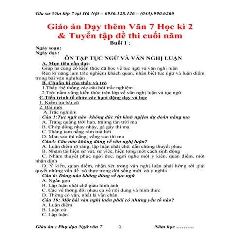 Giáo án dạy phụ đạo môn Ngữ Văn lớp 7