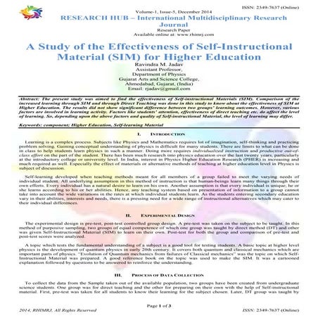 A Study of the Effectiveness of Self-Instructional Material (SIM) for Higher ...