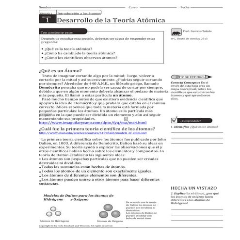 Desarrollo de la teoría atómica. Guía 8º Año