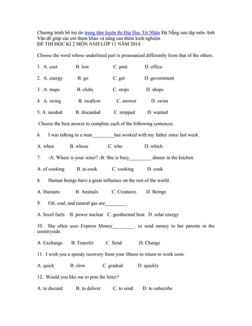 Đề thi Anh Văn 11 HK2 - 2014