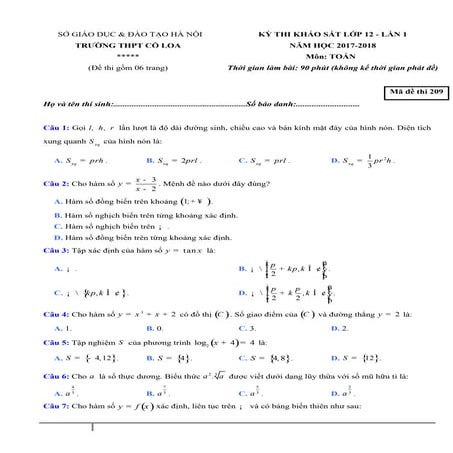 Đề thi thử môn toán tốt nghiệp THPT Quốc Gia 2018 - Đề 14