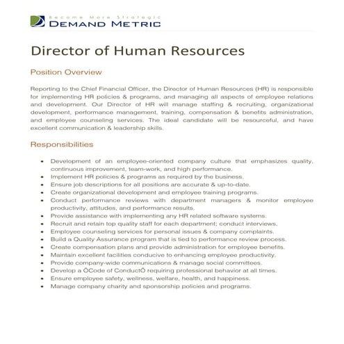Director of Human Resources job Description