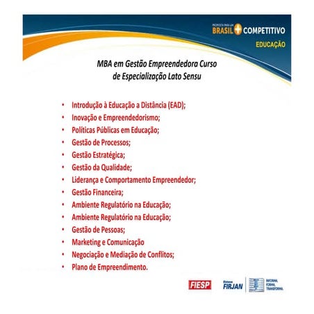 MBA em Gestão Empreendedora Curso de Especialização Lato Sensu - Educação