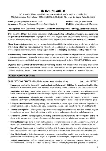 Dr Jason Carter CV   Chief Executive Officer And Global Programmes Director