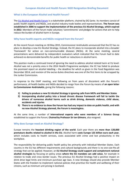 European Alcohol and Health Forum: NGO Resignation Briefing Document