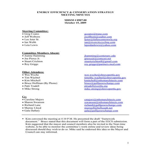 Steering Committee Meeting Minutes October 15, 2009