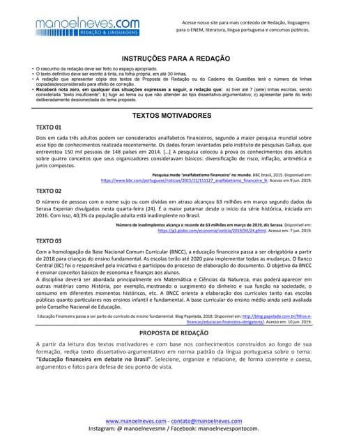 Proposta de redação: Educação financeira em debate no Brasil