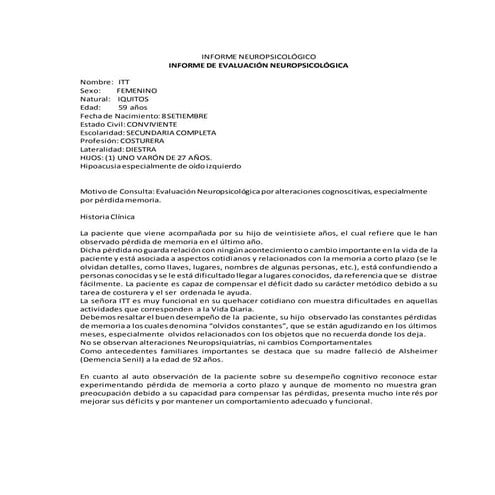 Ejemplo de informe neuropsicológico