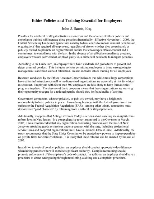 Ethics Policies and Training Essential for Employers