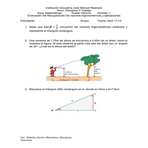 Evaluación de recuperación de razones trigonométricas y aplicaciones
