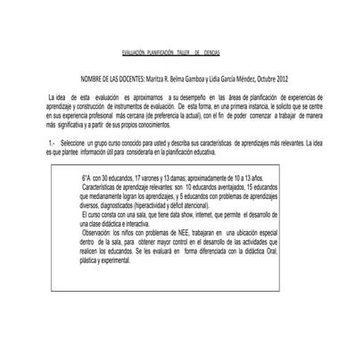 Evaluación   planificación    taller      de     ciencias