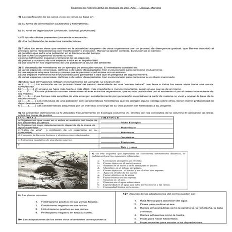 Examen de febrero biología  2do  2012