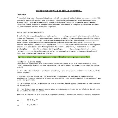 Exercicios de fixação de coesão e coerência
