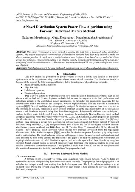 A Novel Distribution System Power Flow Algorithm using Forward Backward Matri...