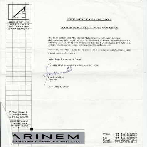 work exp. letter of ARINEM