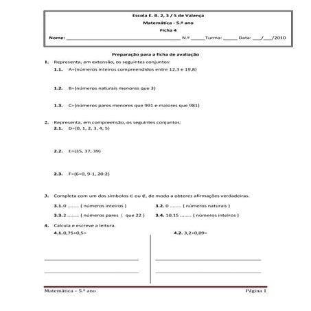 Preparação para a ficha de avaliação