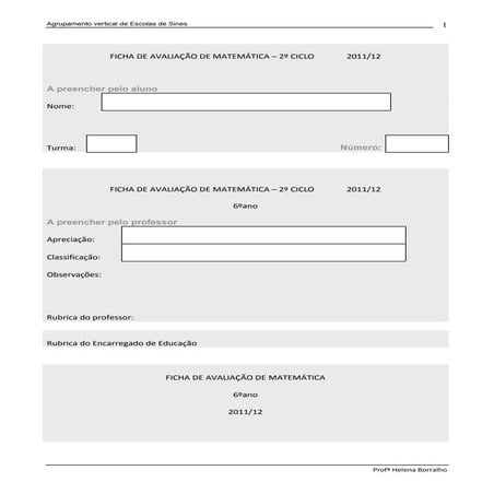 Ficha de avaliação de matemática