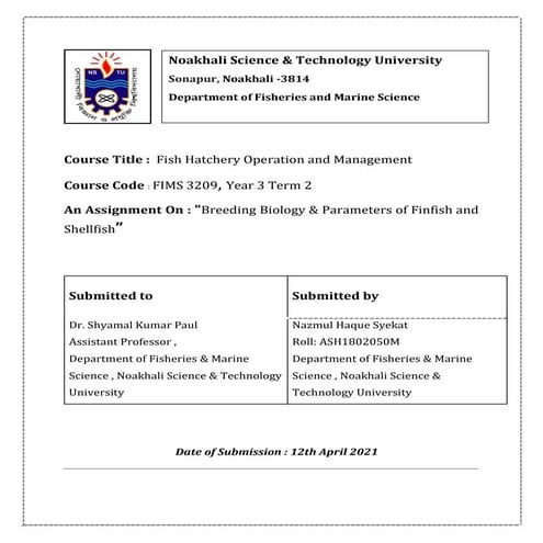 Breeding Biology & Parameters of Finfish and  Shellfish by Syekat