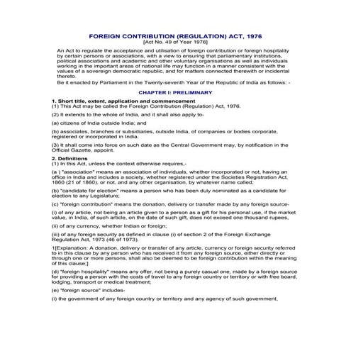 Foreign contribution (regulation) act, 1976