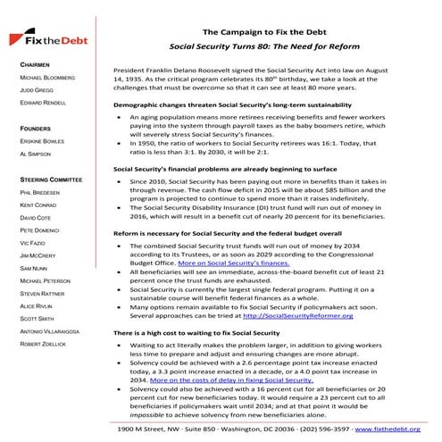 Social Security Turns 80: The Need for Reform