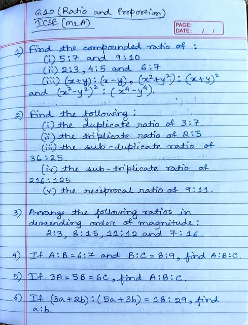 ICSE Grade 10 Mathematics Ratio and Proportion Worksheet (MLA)
