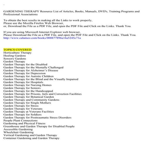 Garden Therapy: Links to Articles, Books, Profession Groups, DVD