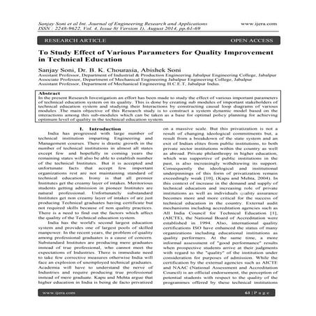 To Study Effect of Various Parameters for Quality Improvement in Technical Ed...