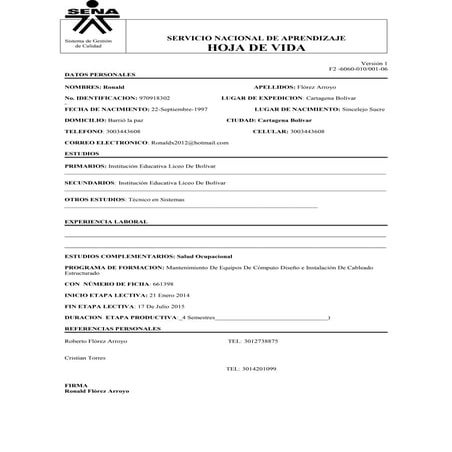 Hoja de vida De ronald florez