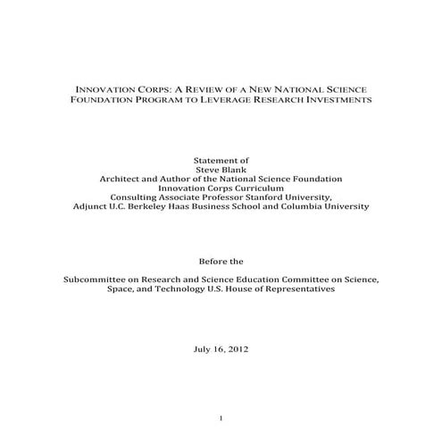 House subcommittee testimony of steve blank