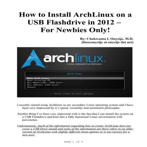 How to Install ArchLinux to a USB Flashdrive in 2012
