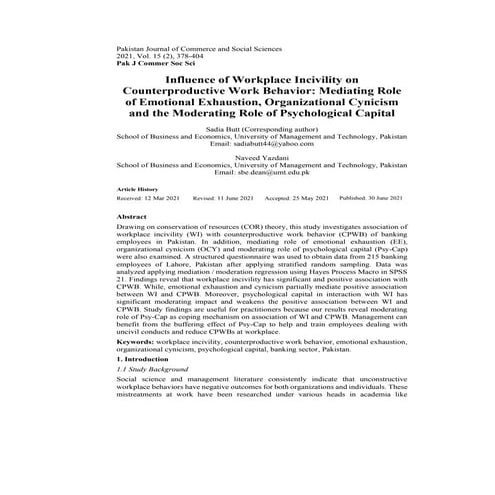  Influence of Workplace Incivility on Counterproductive Work Behavior: Mediating Role of Emotional Exhaustion, Organizational Cynicism and the Moderating Role of Psychological Capital